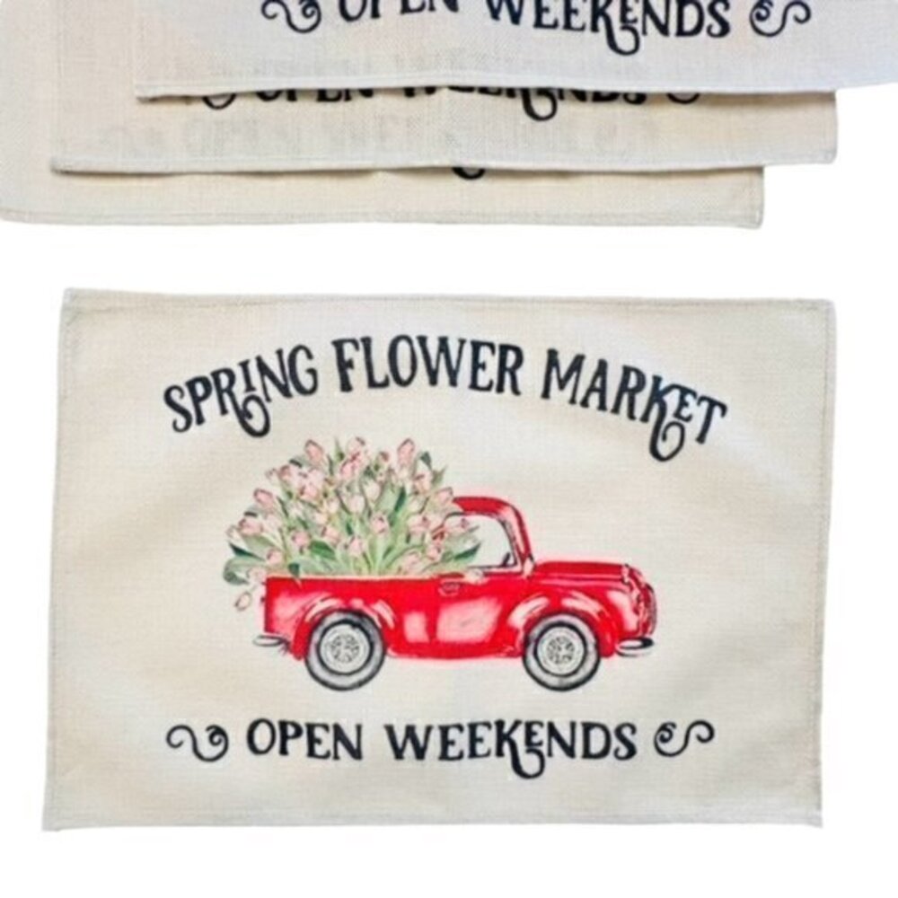 FLOWER TRUCK Table Placemats SPRING Floral Country Farmhouse Home Decor Set Of 4